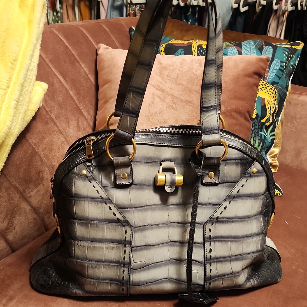 Yves Saint Laurent Leather Crocodile-Embossed Handbag